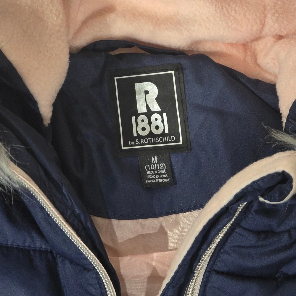 R 1881 by S Rothschild‎ Quilt Puffer Jacket Navy Faux Fur Hood Kids M 10 12